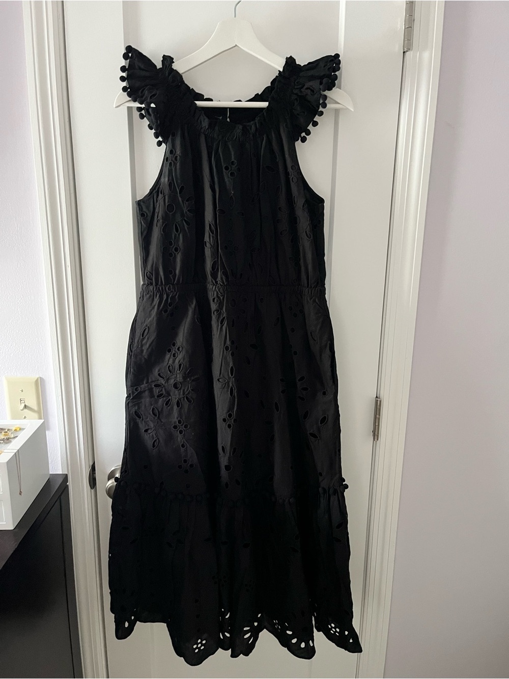 J. Crew Black Eyelet Maxi Dress with Pom Ruffle Straps